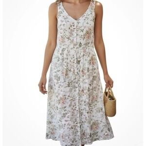 FRYE Womens XS Dress White Floral Folk Garden Midi Buttons Pockets Lined EUC